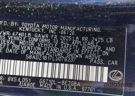 2020 Lexus Es 350 from USA, damaged, VIN 58ADZ1B17LU076237